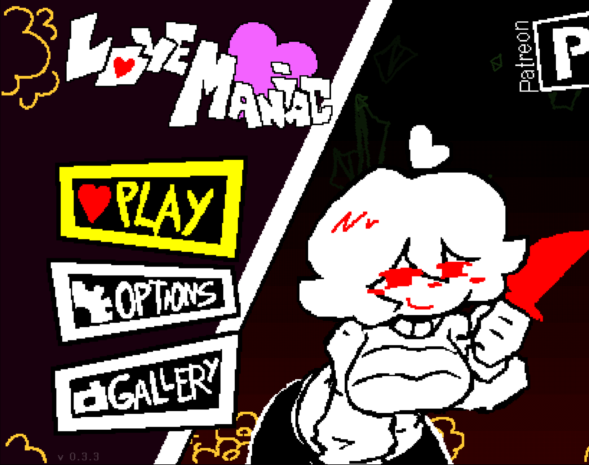 LoveManiac main menu with PLAY selected and v0.3.3 shown at the bottom left