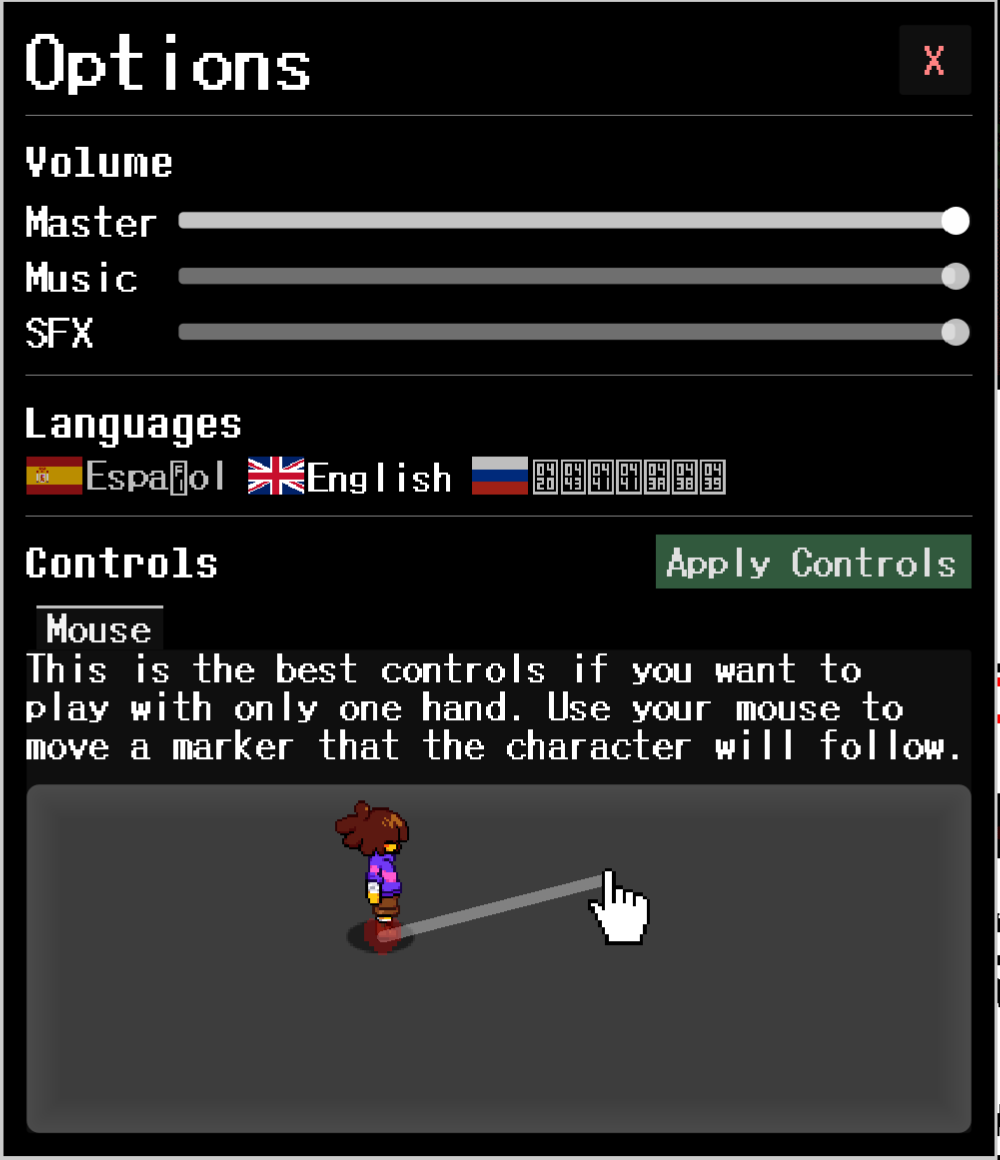 LoveManiac OPTIONS showing volume sliders, Apply Controls and the Mouse mode explanation